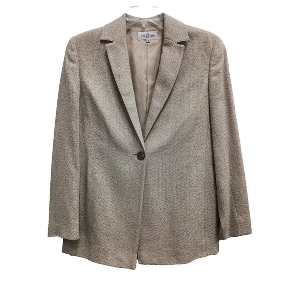 VTG Valentino Miss V Womens Blazer Jacket 8 US Beige Wool Blend Single Breasted - Picture 1 of 8